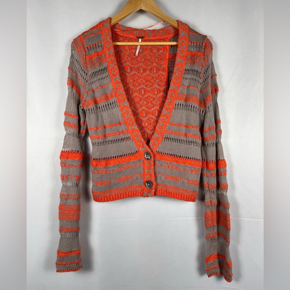 Free People Open Knit Cardigan Vibrant Orange Gray Stripe Beachy Layering M